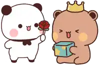 a panda bear is holding a rose next to a brown bear with a crown