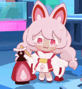 a cartoon character with pink hair and ears holding a bottle
