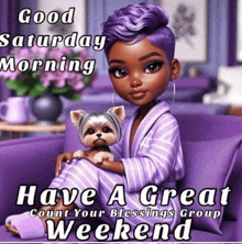 a girl with purple hair is sitting on a purple couch holding a small dog .