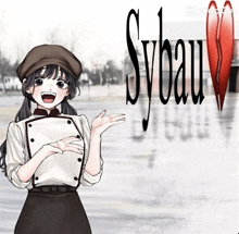 a girl in a chef 's uniform is standing in front of a sign that says sybau
