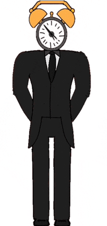 a man in a tuxedo has an alarm clock instead of his head