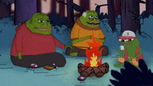 a group of frogs are sitting around a campfire in the woods