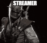 a black and white photo of the joker with the words streamer written on the bottom .