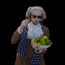 a man in a wig and sunglasses is holding a plate of limes