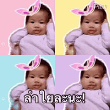 a baby is wearing bunny ears and has the word pitu on the bottom left
