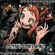 a picture of ochako loves aoko with hearts around it