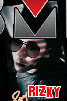 a man wearing sunglasses and a crown with the name rizky on it
