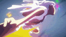 a cartoon drawing of a person flying through the air with a purple and yellow background