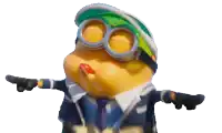 a cartoon character wearing a hat and goggles is pointing with his arms outstretched