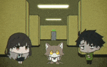 a girl and a boy are standing next to a cat in a hallway