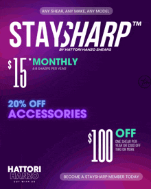 a purple poster for staysharp by hattori hanzo shears