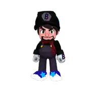 a cartoon character wearing a black hat with the letter b on it