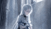 a girl with white hair is standing in front of a window with her eyes closed