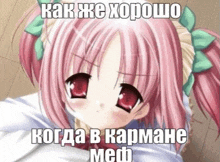 a picture of a girl with pink hair and red eyes has a caption in russian