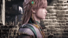a close up of a person standing in front of a brick wall wearing a crown .