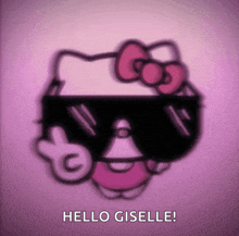 a hello kitty wearing sunglasses says hello giselle on the bottom