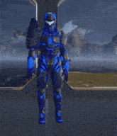 a video game character in a blue and black suit is waving his hands