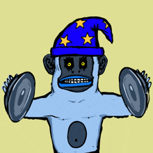 a cartoon drawing of a monkey wearing a blue hat with yellow stars