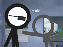 two stick figures are standing next to each other with the words * nods * on the bottom right