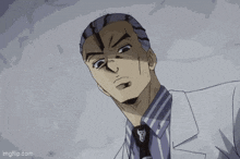 a man in a suit and tie is making a funny face in a cartoon .