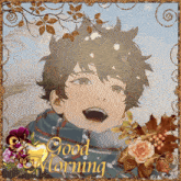 a picture of a boy with a scarf around his neck and the words good morning