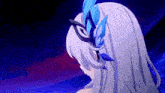 a close up of a girl with white hair and a mask on her face .