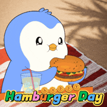 a penguin is eating a hamburger and drinking a glass of soda