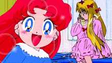 a cartoon of a girl with red hair and a girl with blonde hair