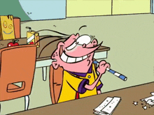 a cartoon character sitting at a desk with a pencil in his mouth