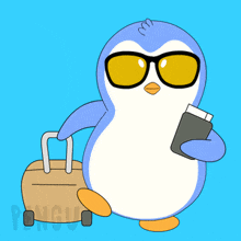 a penguin wearing sunglasses holds a passport and a ticket