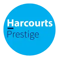 a blue circle with the words harcourts prestige in white letters