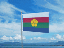 a colorful flag with a yellow flower on it
