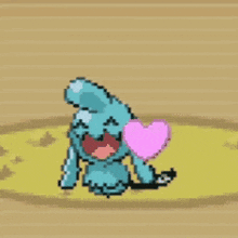 a pixel art of a blue rabbit with pink hearts on its heads
