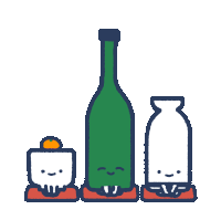 a cartoon drawing of a bottle a cup and a vase