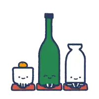 a cartoon drawing of a bottle a cup and a vase
