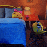 a cartoon duck is laying on a bed next to a cartoon duck wearing sunglasses