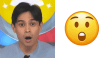 a man with a surprised look on his face next to a smiley face