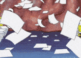 a bunch of papers are flying in the air in a cartoon