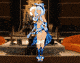 a girl with blue hair is standing in front of a sign that says " npeng "