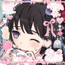 a girl with black hair and purple eyes is surrounded by pink hearts and stars