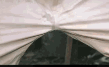 a close up of a person standing in a tent looking out the window .