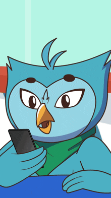 a cartoon owl is holding a cell phone