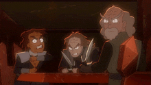 three cartoon characters are sitting at a table and one of them is holding a sword
