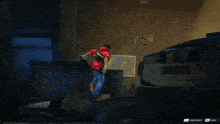 a man in a red hoodie is standing in front of a circle of lightning