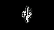 a black and white logo on a black background that looks like a tattoo .