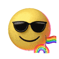 a smiley face with sunglasses and a rainbow flag