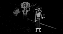 a black and white pixel art of a man holding a sword in front of a large skull .