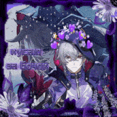 a picture of a person with purple flowers and the words " kycalio za goyok " on the bottom