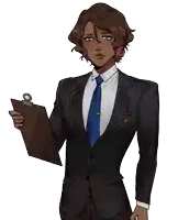 a man in a suit and tie holds a clipboard in his hand