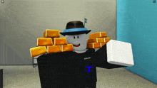 a roblox character is carrying a stack of gold bars on his shoulders
